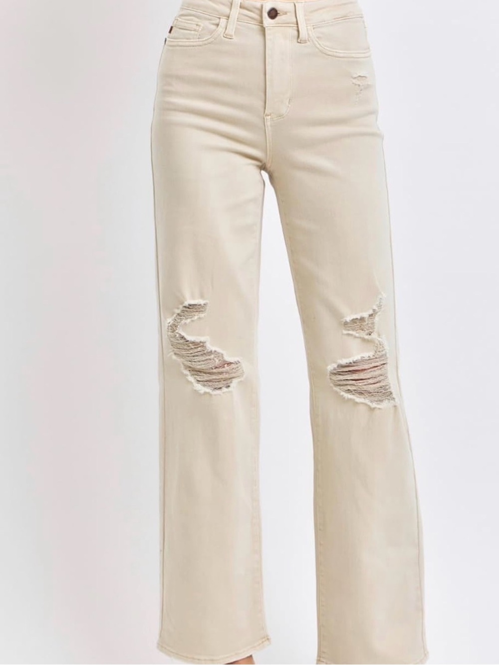 Judy Blue Distressed Wide-Leg Bone Jeans